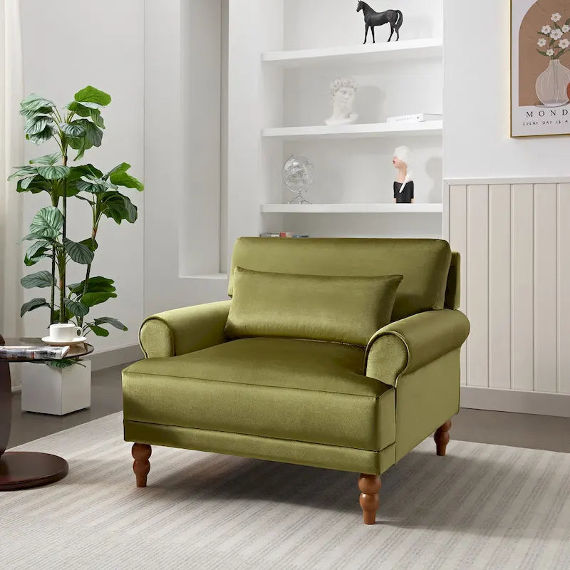 Fauteuil d'appoint en velours vert / blanc / beige, siège simple, accoudoir rond