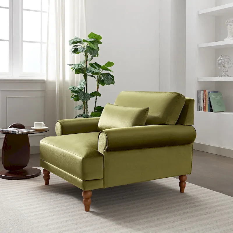Fauteuil d'appoint en velours vert / blanc / beige, siège simple, accoudoir rond
