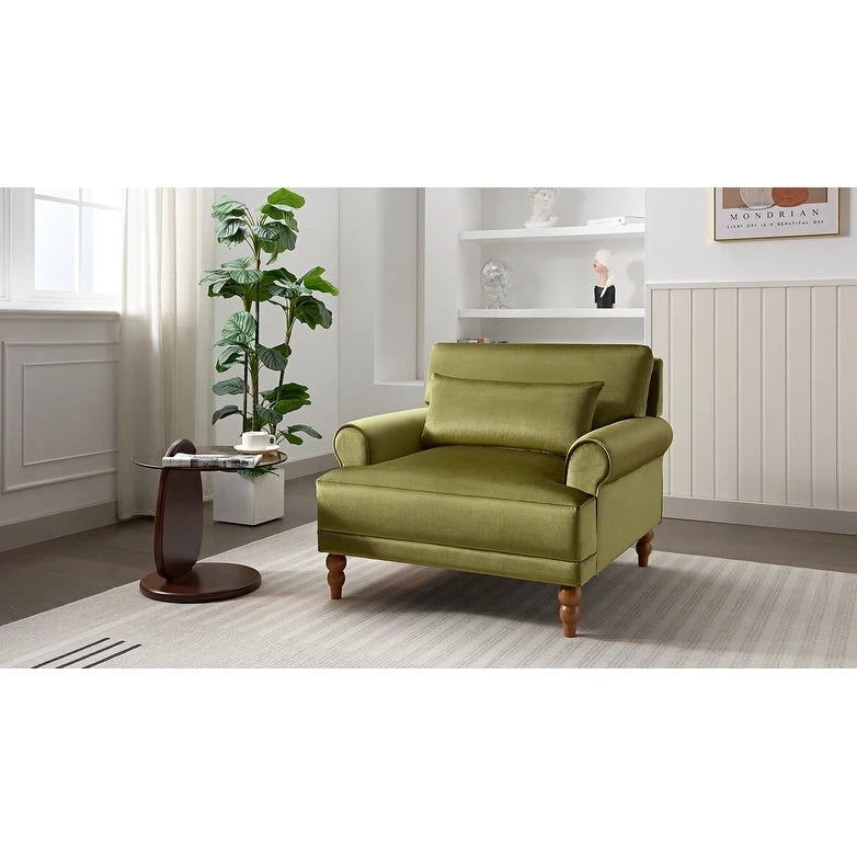Fauteuil d'appoint en velours vert / blanc / beige, siège simple, accoudoir rond