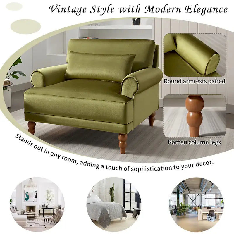 Fauteuil d'appoint en velours vert / blanc / beige, siège simple, accoudoir rond