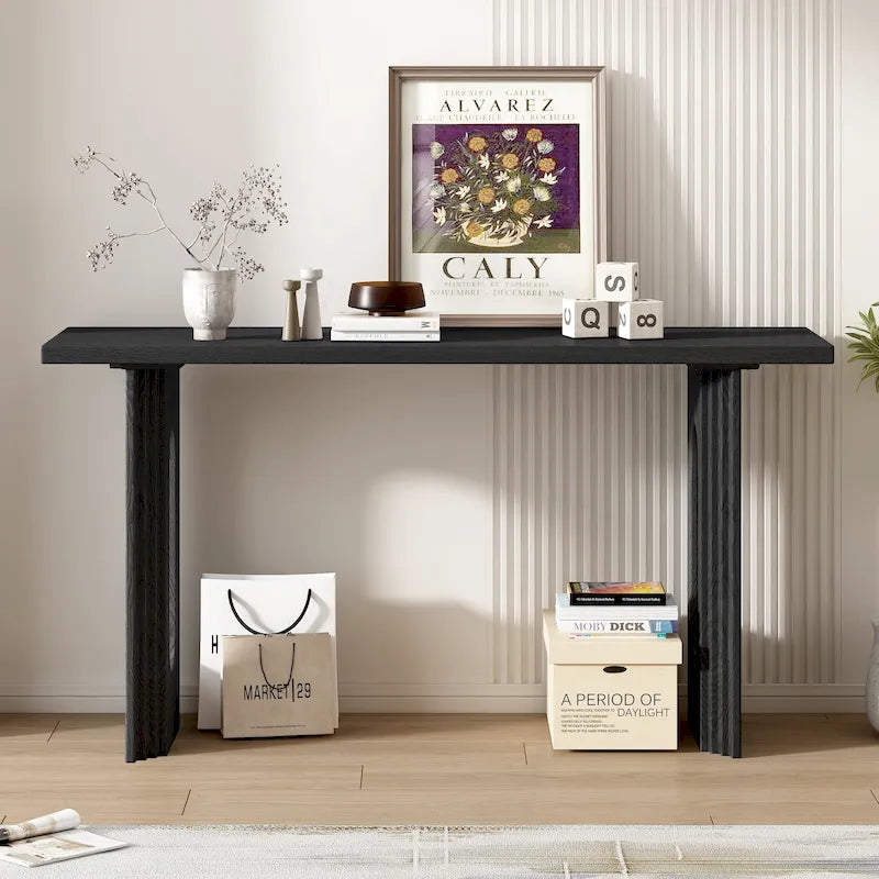 Console en rotin noir/naturel avec pieds ronds creux