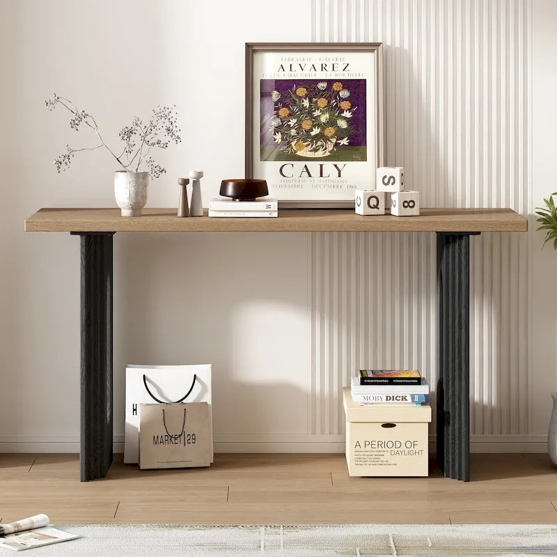Console en rotin noir/naturel avec pieds ronds creux