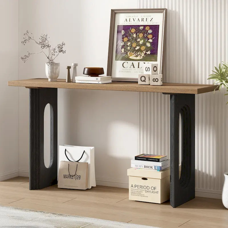 Console en rotin noir/naturel avec pieds ronds creux