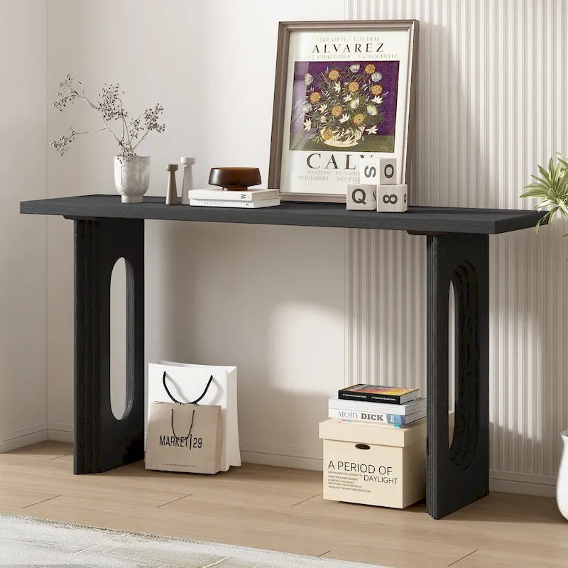 Console en rotin noir/naturel avec pieds ronds creux