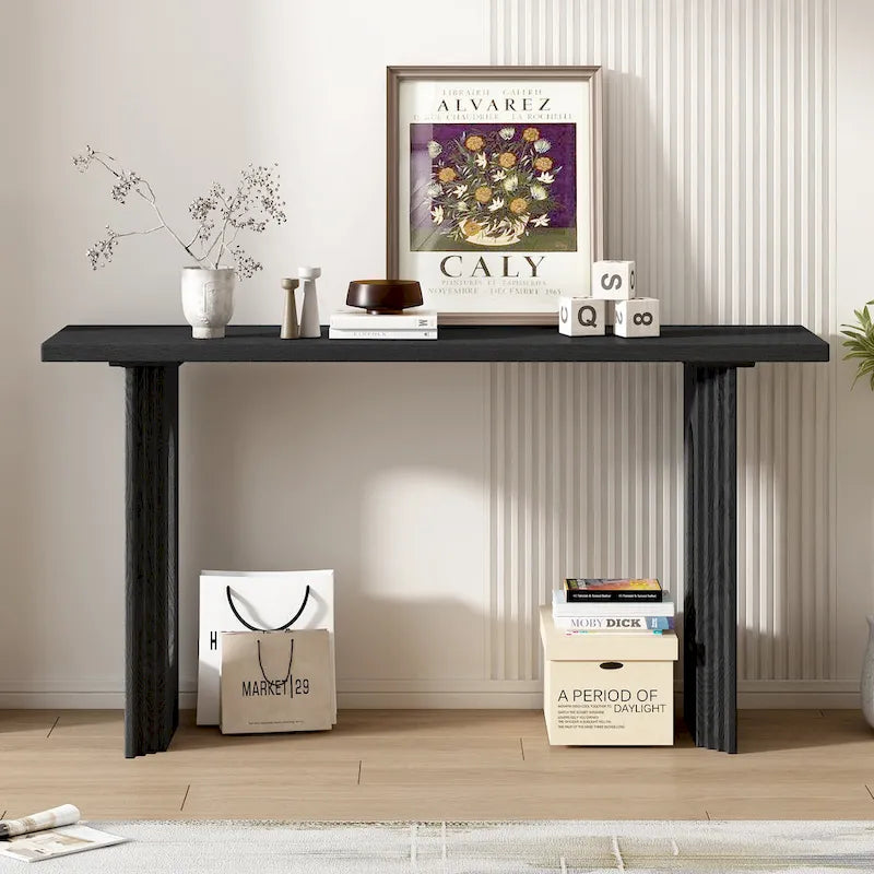 Console en rotin noir/naturel avec pieds ronds creux