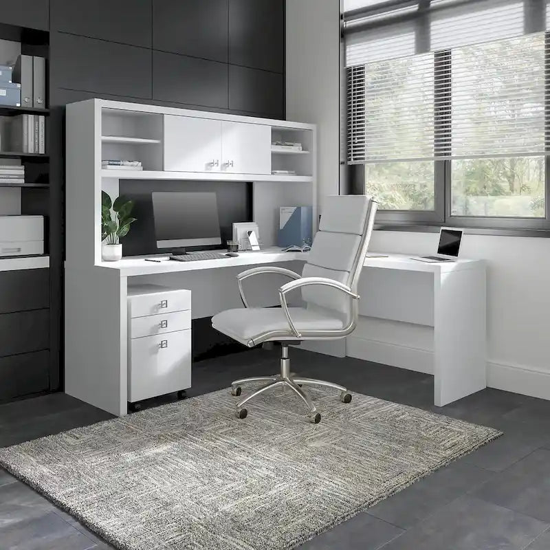 Retour de bureau 42 po de large | Blanc pur / Gris moderne / Érable anthracite | Configuration en L/U | Pour 1 personne