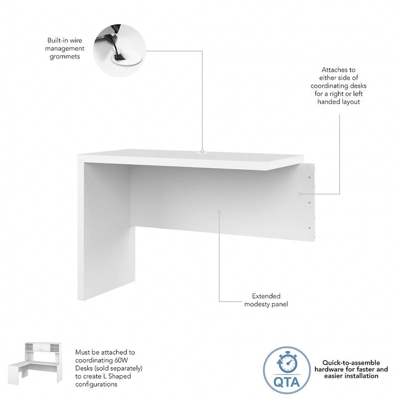 Retour de bureau 42 po de large | Blanc pur / Gris moderne / Érable anthracite | Configuration en L/U | Pour 1 personne