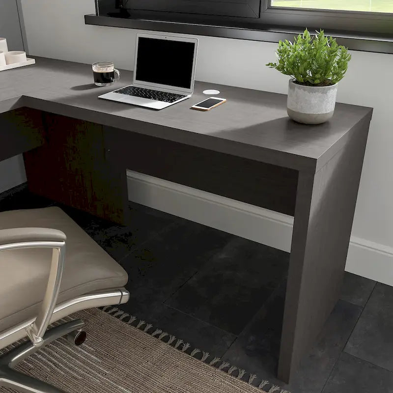 Retour de bureau 42 po de large | Blanc pur / Gris moderne / Érable anthracite | Configuration en L/U | Pour 1 personne