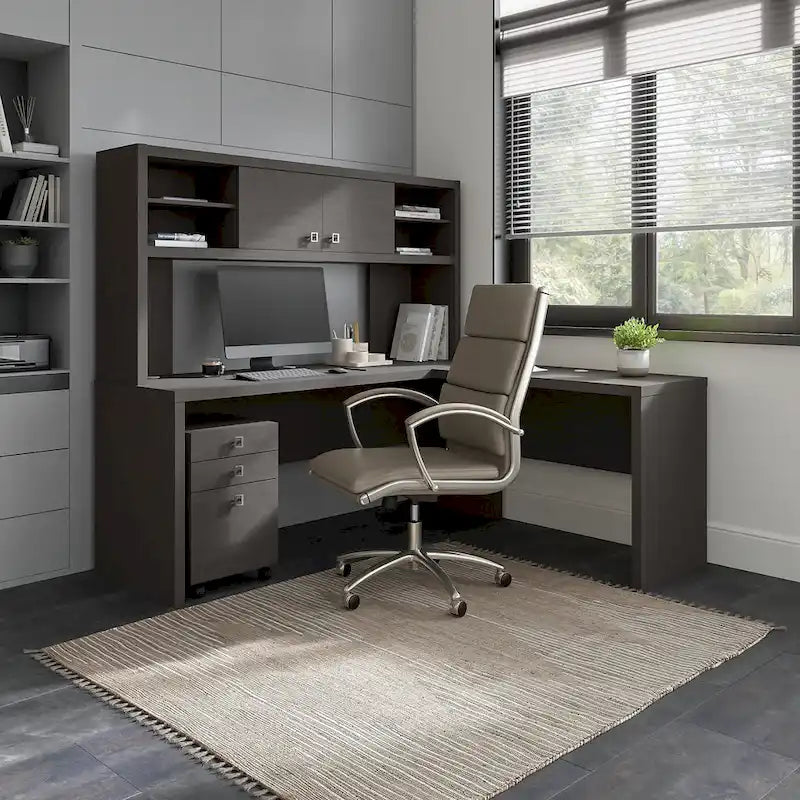 Retour de bureau 42 po de large | Blanc pur / Gris moderne / Érable anthracite | Configuration en L/U | Pour 1 personne
