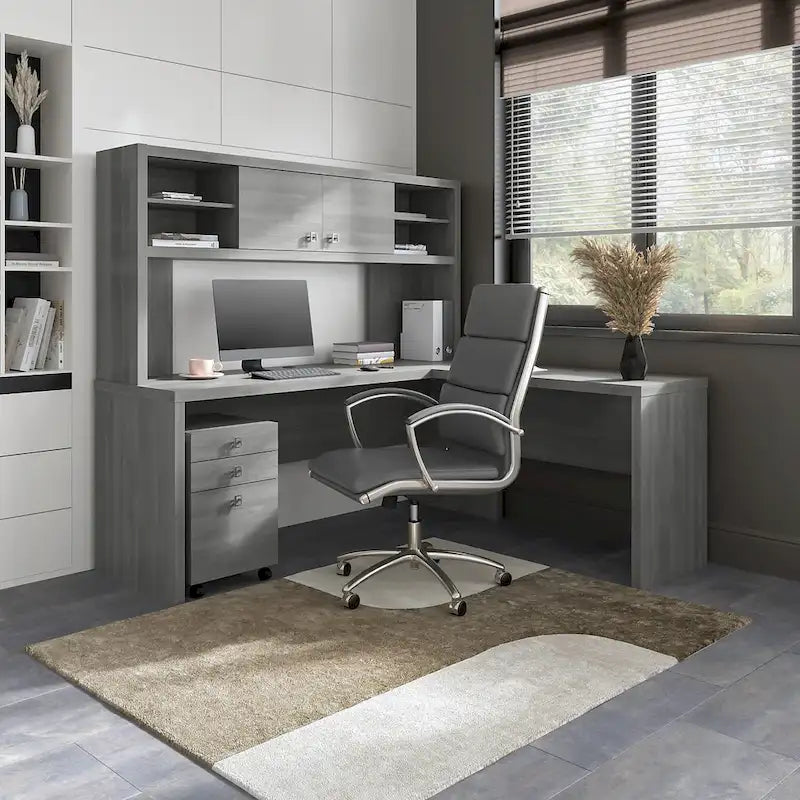 Retour de bureau 42 po de large | Blanc pur / Gris moderne / Érable anthracite | Configuration en L/U | Pour 1 personne