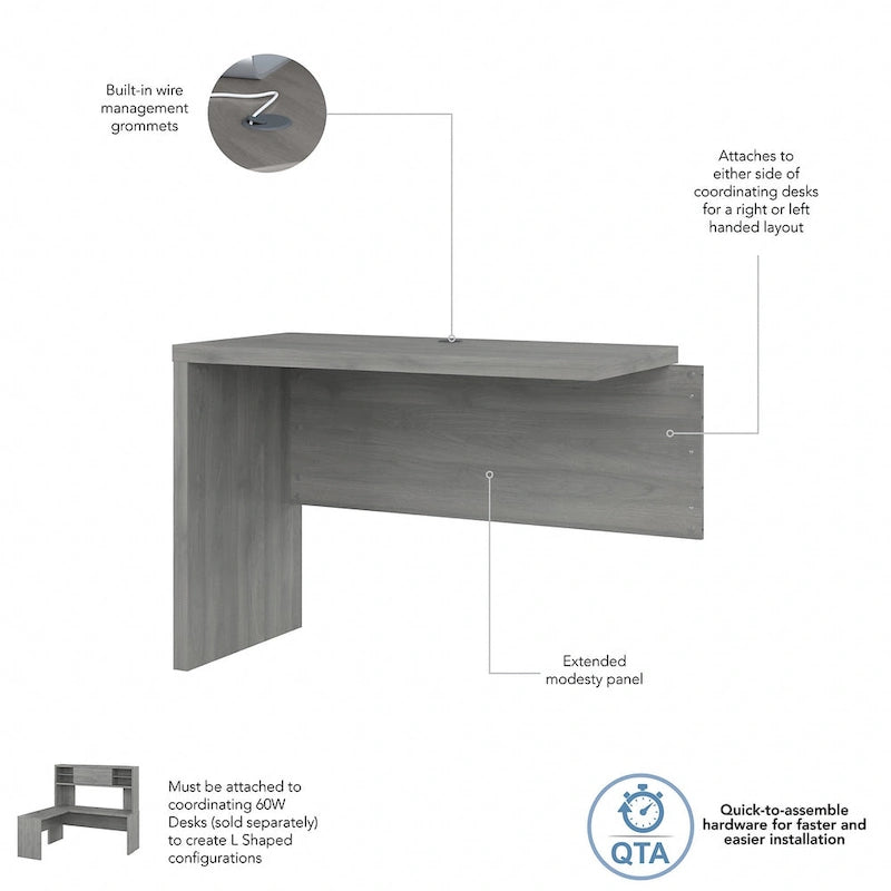Retour de bureau 42 po de large | Blanc pur / Gris moderne / Érable anthracite | Configuration en L/U | Pour 1 personne