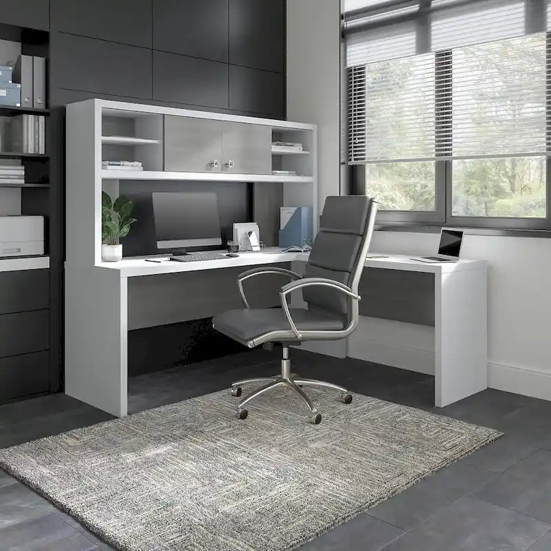 Retour de bureau 42 po de large | Blanc pur / Gris moderne / Érable anthracite | Configuration en L/U | Pour 1 personne