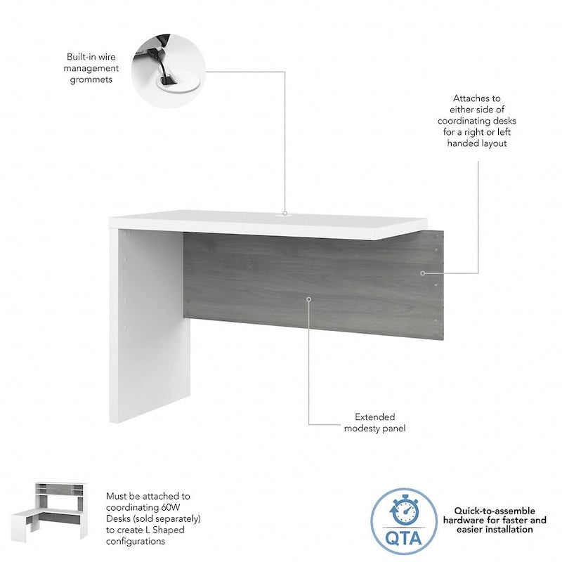 Retour de bureau 42 po de large | Blanc pur / Gris moderne / Érable anthracite | Configuration en L/U | Pour 1 personne