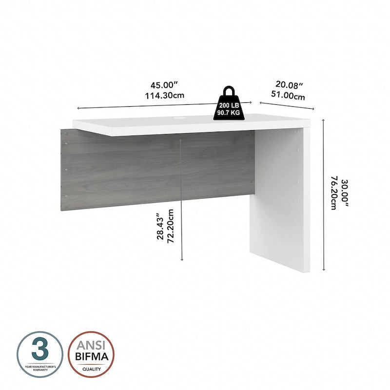 Retour de bureau 42 po de large | Blanc pur / Gris moderne / Érable anthracite | Configuration en L/U | Pour 1 personne