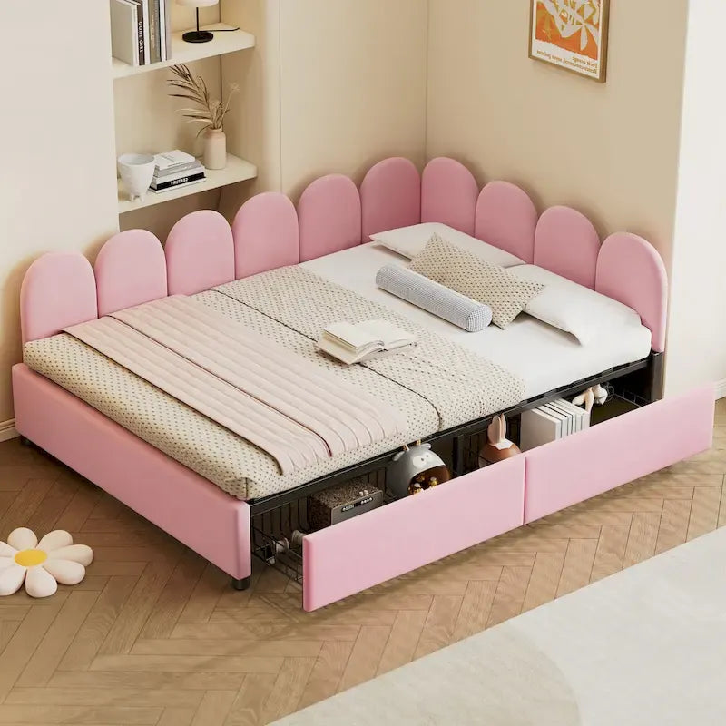 Canapé-lit double rose en velours avec 2 tiroirs – 1 place