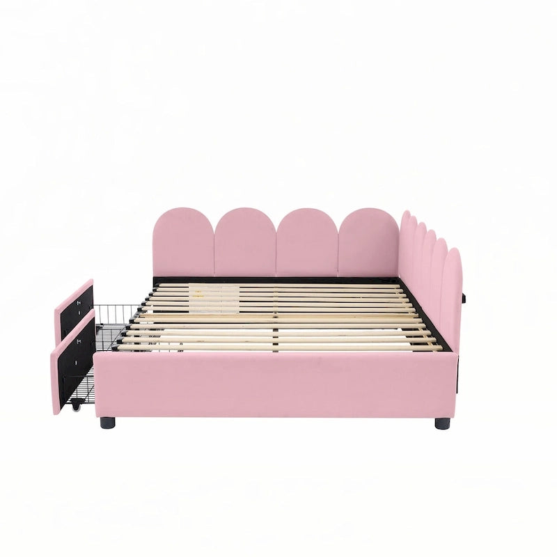 Canapé-lit double rose en velours avec 2 tiroirs – 1 place