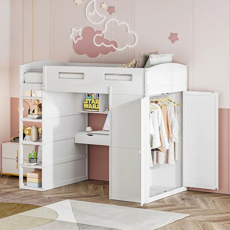 Lit mezzanine blanc/gris avec bureau, armoire et rangements, taille double/complète, 1 personne