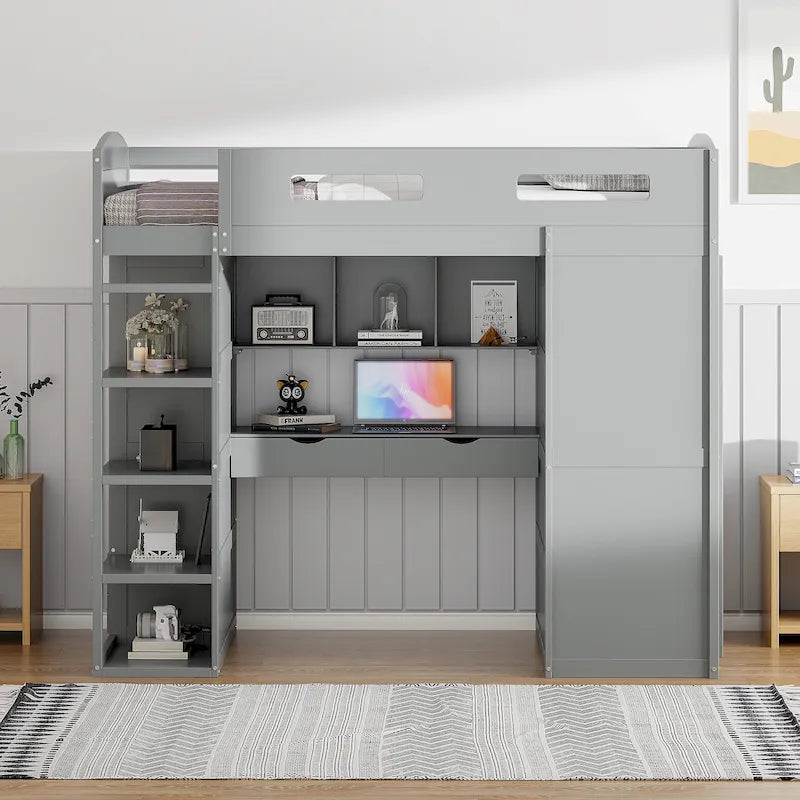 Lit mezzanine blanc/gris avec bureau, armoire et rangements, taille double/complète, 1 personne