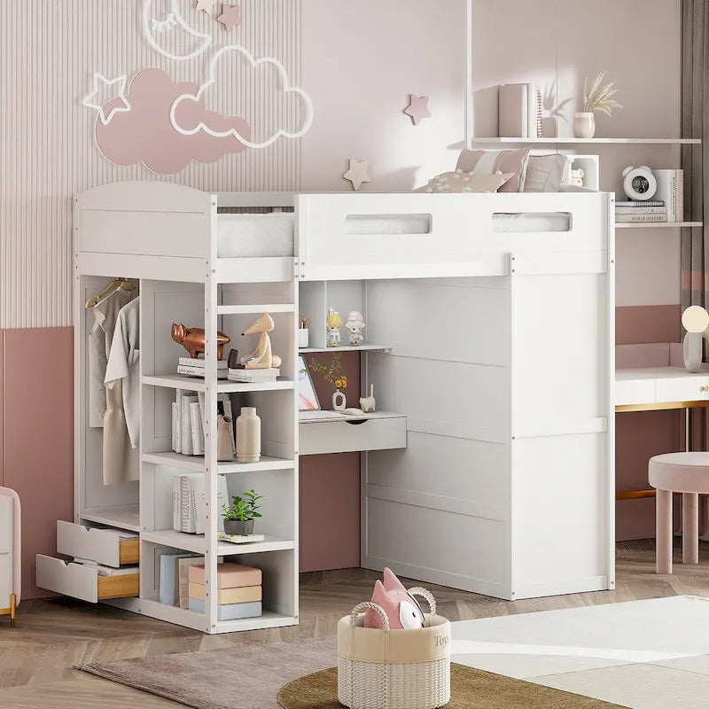 Lit mezzanine blanc/gris avec bureau, armoire et rangements, taille double/complète, 1 personne