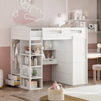 Lit mezzanine blanc/gris avec bureau, armoire et rangements, taille double/complète, 1 personne