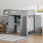 Lit mezzanine blanc/gris avec bureau, armoire et rangements, taille double/complète, 1 personne