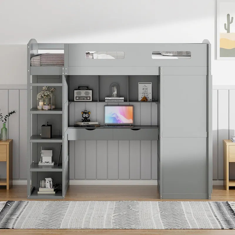 Lit mezzanine blanc/gris avec bureau, armoire et rangements, taille double/complète, 1 personne