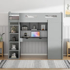 Lit mezzanine blanc/gris avec bureau, armoire et rangements, taille double/complète, 1 personne