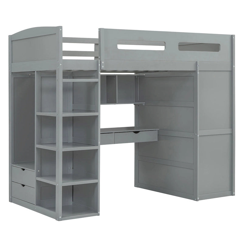 Lit mezzanine blanc/gris avec bureau, armoire et rangements, taille double/complète, 1 personne