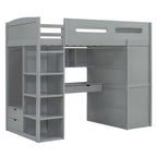 Lit mezzanine blanc/gris avec bureau, armoire et rangements, taille double/complète, 1 personne