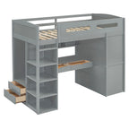 Lit mezzanine blanc/gris avec bureau, armoire et rangements, taille double/complète, 1 personne