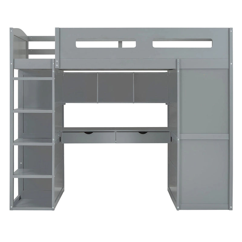 Lit mezzanine blanc/gris avec bureau, armoire et rangements, taille double/complète, 1 personne