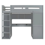 Lit mezzanine blanc/gris avec bureau, armoire et rangements, taille double/complète, 1 personne