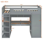 Lit mezzanine blanc/gris avec bureau, armoire et rangements, taille double/complète, 1 personne