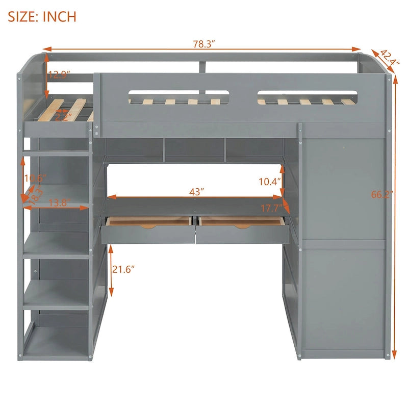 Lit mezzanine blanc/gris avec bureau, armoire et rangements, taille double/complète, 1 personne