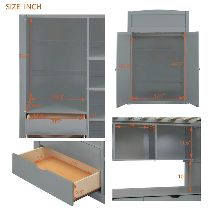 Lit mezzanine blanc/gris avec bureau, armoire et rangements, taille double/complète, 1 personne