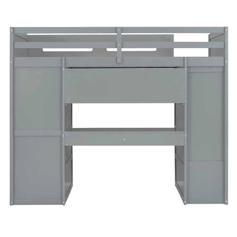 Lit mezzanine blanc/gris avec bureau, armoire et rangements, taille double/complète, 1 personne