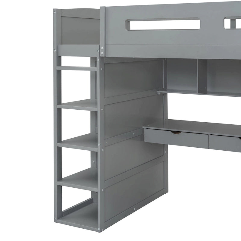 Lit mezzanine blanc/gris avec bureau, armoire et rangements, taille double/complète, 1 personne