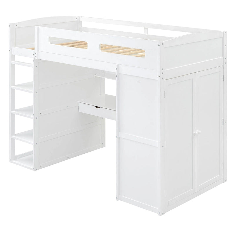 Lit mezzanine blanc/gris avec bureau, armoire et rangements, taille double/complète, 1 personne