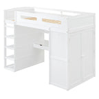 Lit mezzanine blanc/gris avec bureau, armoire et rangements, taille double/complète, 1 personne
