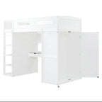 Lit mezzanine blanc/gris avec bureau, armoire et rangements, taille double/complète, 1 personne