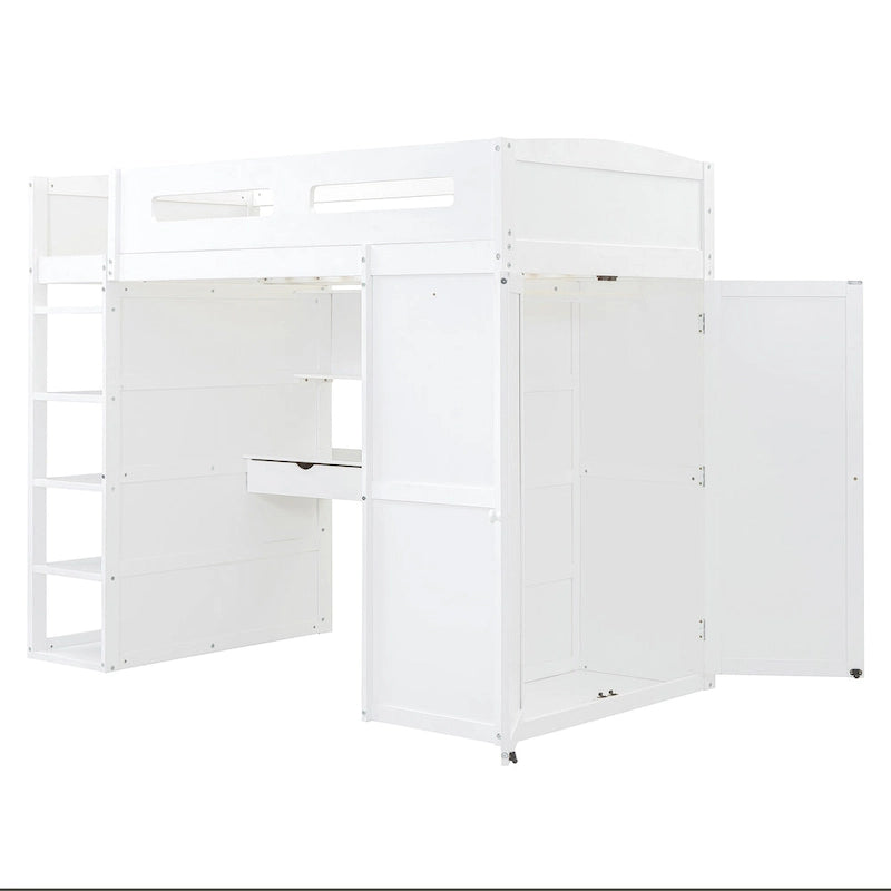 Lit mezzanine blanc/gris avec bureau, armoire et rangements, taille double/complète, 1 personne