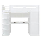 Lit mezzanine blanc/gris avec bureau, armoire et rangements, taille double/complète, 1 personne