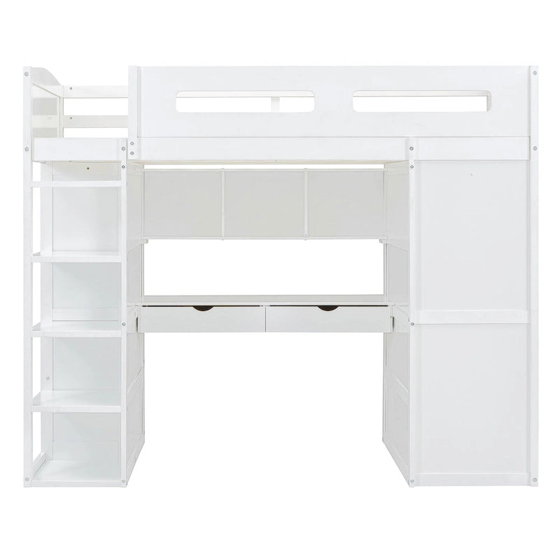 Lit mezzanine blanc/gris avec bureau, armoire et rangements, taille double/complète, 1 personne
