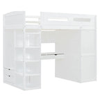 Lit mezzanine blanc/gris avec bureau, armoire et rangements, taille double/complète, 1 personne