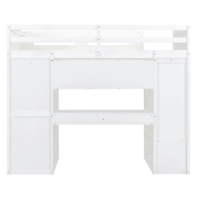 Lit mezzanine blanc/gris avec bureau, armoire et rangements, taille double/complète, 1 personne