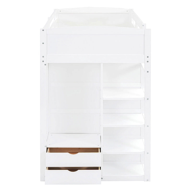 Lit mezzanine blanc/gris avec bureau, armoire et rangements, taille double/complète, 1 personne