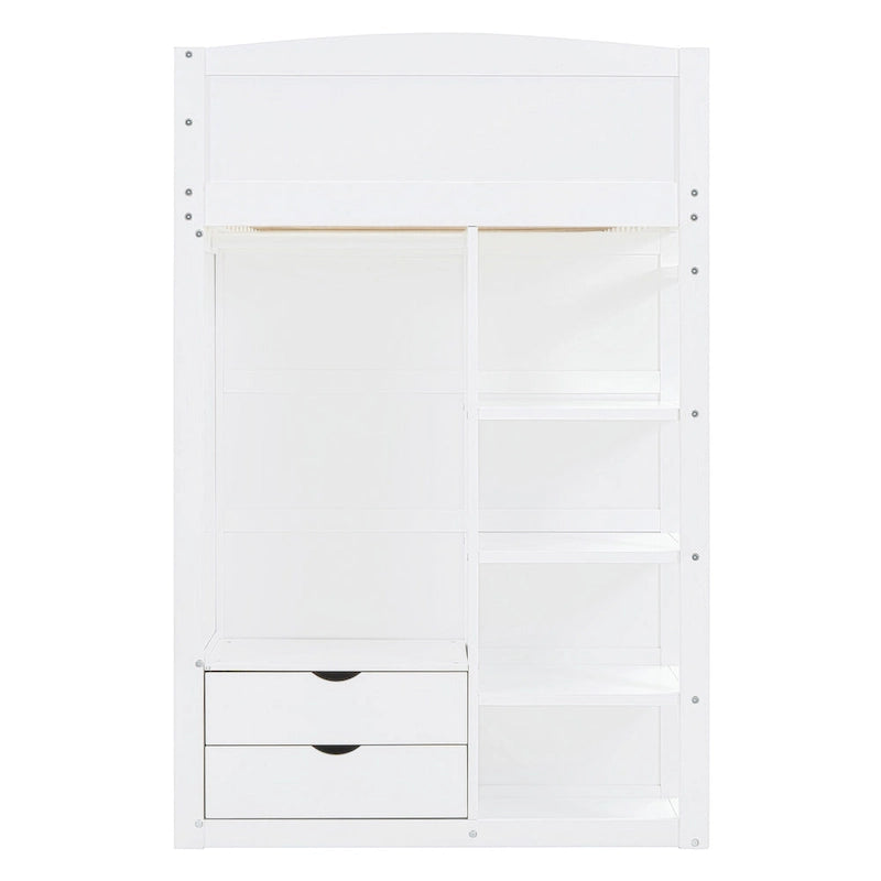 Lit mezzanine blanc/gris avec bureau, armoire et rangements, taille double/complète, 1 personne