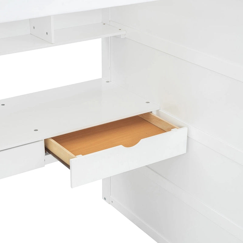 Lit mezzanine blanc/gris avec bureau, armoire et rangements, taille double/complète, 1 personne