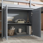 Lit mezzanine double avec bureau coulissant, 2 armoires, 4 tiroirs et étagères