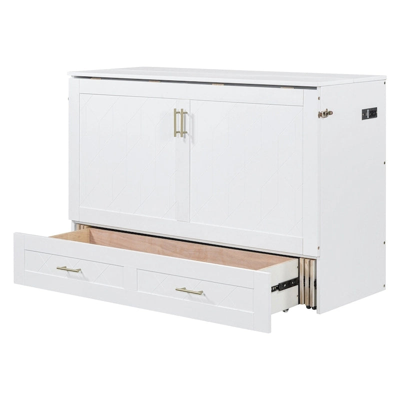 Lit mural escamotable moderne blanc, grand lit double, 1 personne, avec tiroir de rangement et ports USB